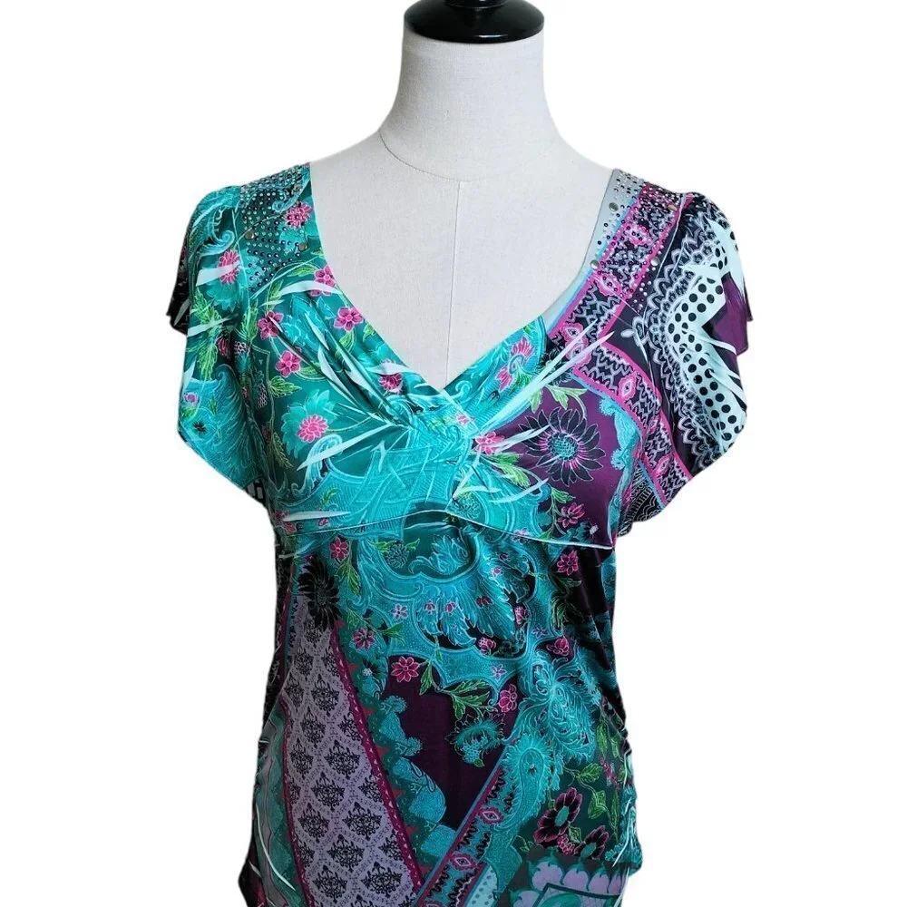 (392) Style & Co Multicolor Floral Print V Neck Pullover Top Size S